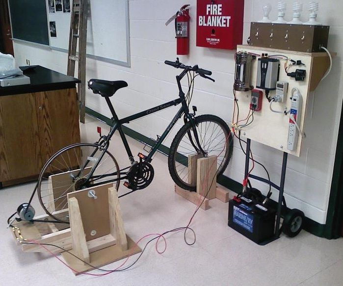 a bicycle parked next to an electrical device in a room with other equipment on the floor.jpg