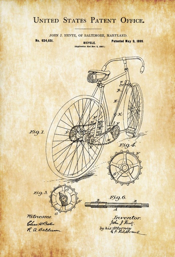 Patent print poster of a bicycle invented by John J. Hentz. The patent was issued by the Unite...jpg