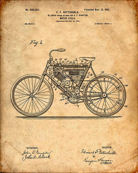 This is a print of the patent drawing for a motorcycle patent in 1901. The original patent has...jpg
