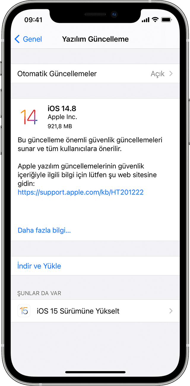 iPhone'da iOS 14.8 veya iOS 15'e güncelleme seçeneklerini gösteren Ayarlar uygulaması.