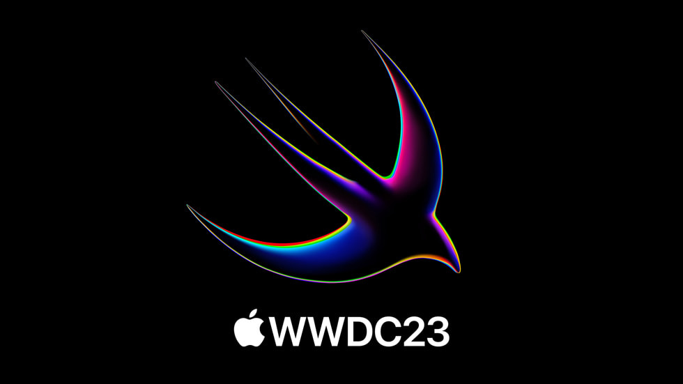 Siyah arka plan üzerinde Swift logosu ve altında WWDC23 logosu gösteriliyor.