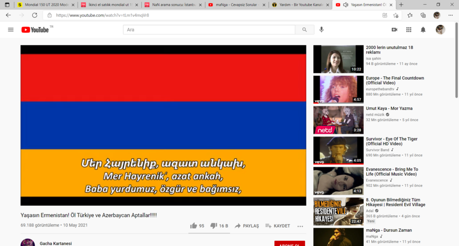 Yaşasın Ermenistan! Öl Türkiye ve Azerbaycan Aptallar!!!!! - YouTube ve diğer 5 sayfa - Kişise...png