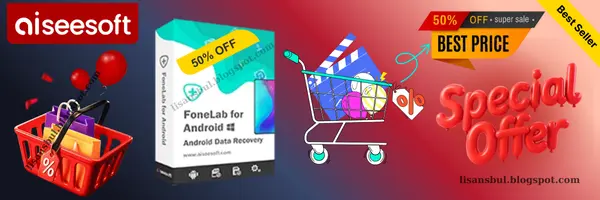 Aiseesoft FoneLab Android Data Recovery box for safely restoring deleted or lost contacts, photos, and files from Android phones and tablets, available with a 50% OFF lifetime license!