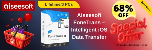 Aiseesoft FoneTrans for managing, transferring, and syncing iOS data (photos, music, contacts) between iOS devices and PC, available with a 68% discount coupon code lifetime license (3 PCs).