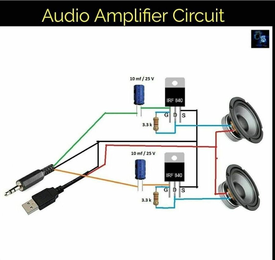 an audio amplifier circuit is shown with two speakers and one wire connected to the speaker.jpg
