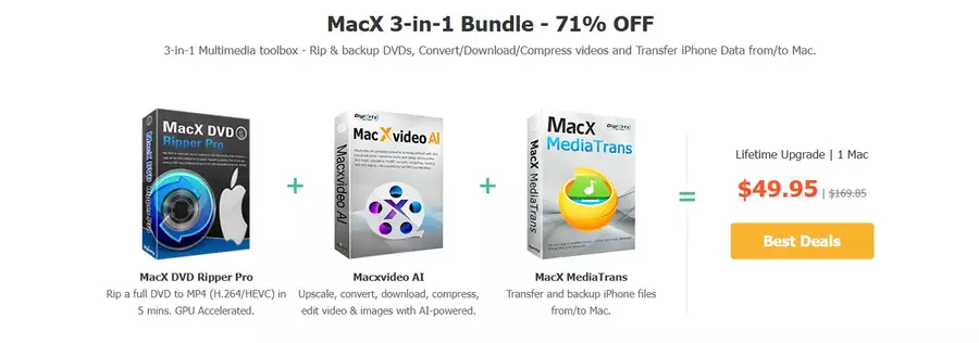 MacX Media ToolKit 3-in-1 bundle for Mac users, including MacX DVD Ripper Pro, Macxvideo AI and MacX MediaTrans with 71 percent discount