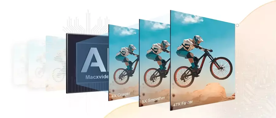 Macxvideo AI video enhancement showing sharper, smoother playback and faster processing with AI-powered acceleration