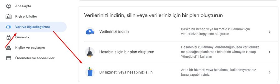 google hesabi kalici olarak silme