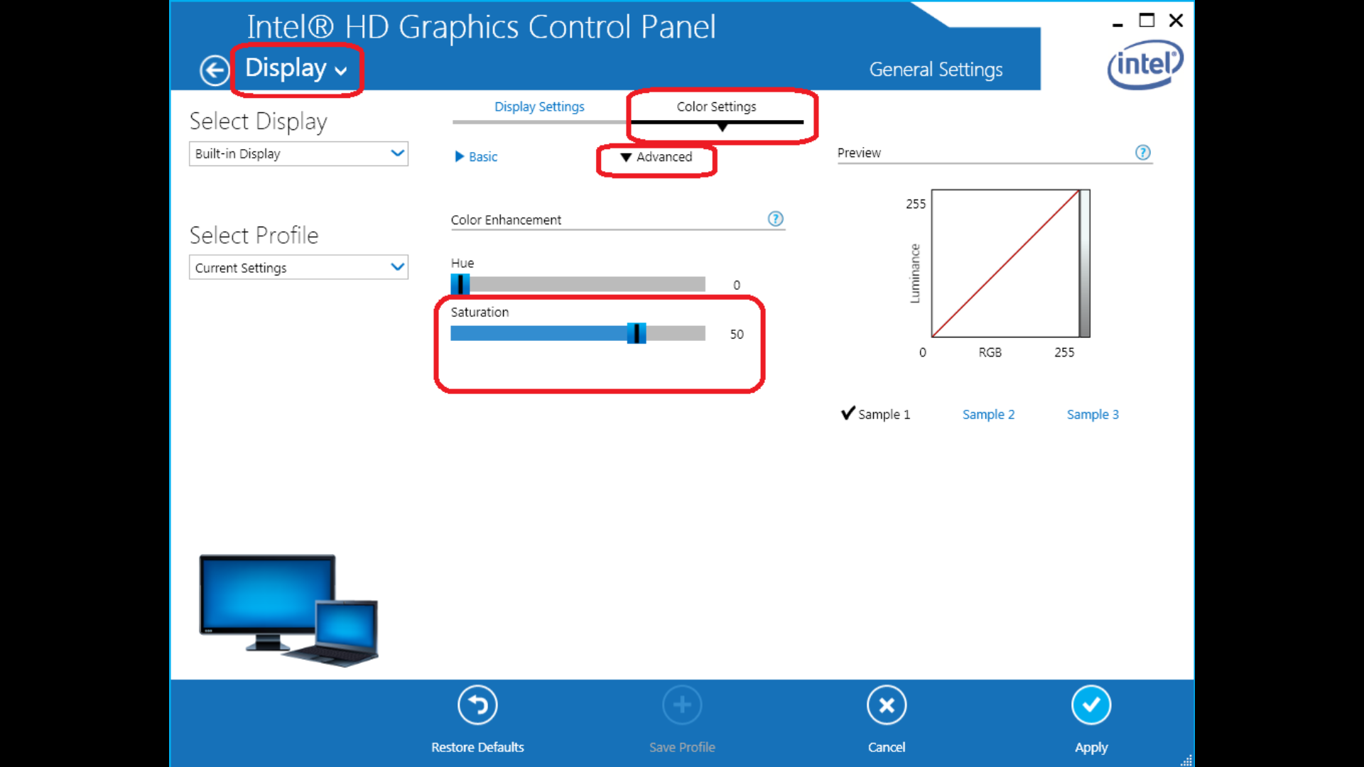 Цветовоянастройка Intel graphic.