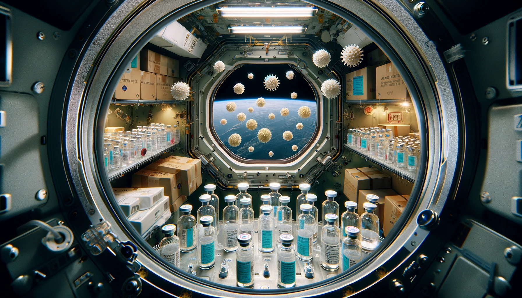 DALL·E-2024-03-03-00.24.18-A-view-from-inside-a-space-capsules-window-in-space-showing-experimental-antiviral-drugs-floating-in-microgravity.-The-interior-of-the-capsule-is-vi.webp