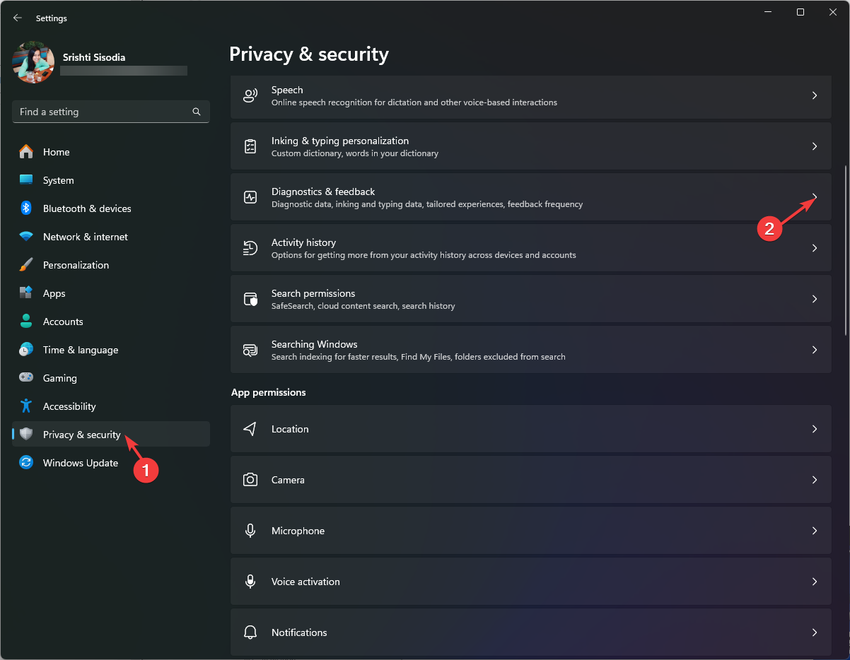 Gizlilik ve güvenlik, Tanılama ve geri bildirim'i seçin - Windows 11 23H2'yi indirin