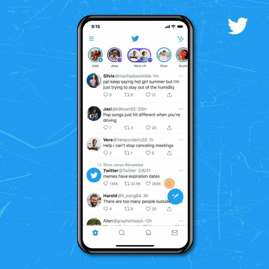 A phone that shows a Home Timeline on Twitter. 