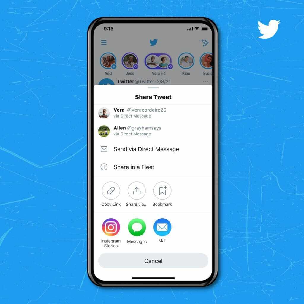 A phone that shows the Share Tweet prompt on Twitter and the option to share to Instagram Stories.