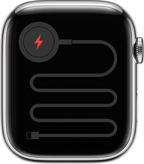 Saatin güç kaynağına bağlanması gerektiğini belirten simgenin gösterildiği Apple Watch Saatin güç kaynağına bağlanması gerektiğini belirten simgenin gösterildiği Apple Watch