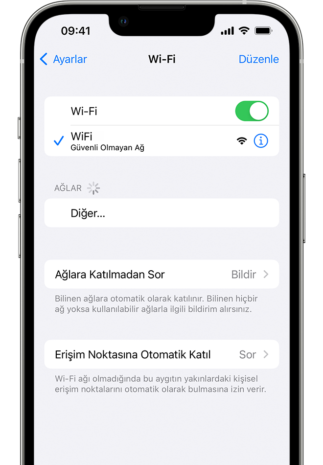 Wi-Fi ekranını gösteren bir iPhone. Wi-Fi ağı adının yanında mavi bir onay işareti vardır.