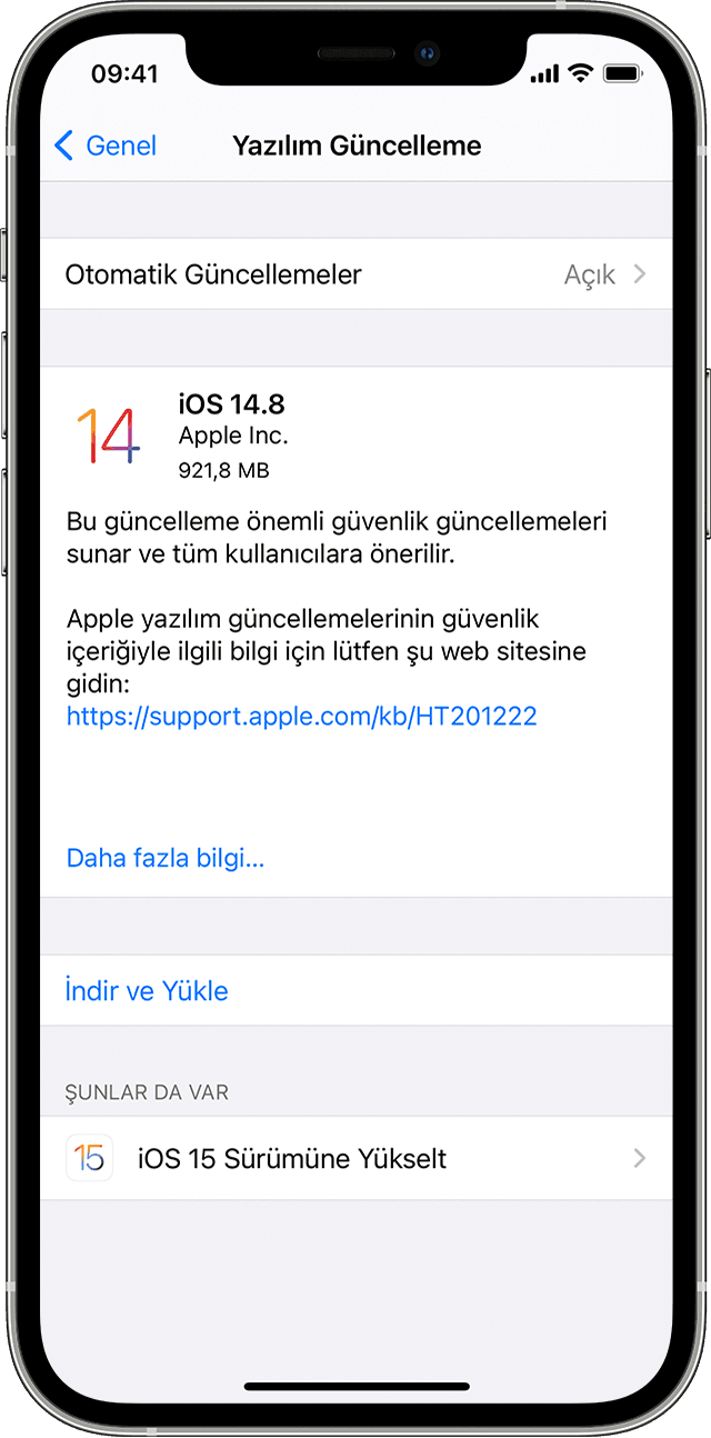iPhone'da iOS 14.8 veya iOS 15'e güncelleme seçeneklerini gösteren Ayarlar uygulaması. iPhone'da iOS 14.8 veya iOS 15'e güncelleme seçeneklerini gösteren Ayarlar uygulaması.