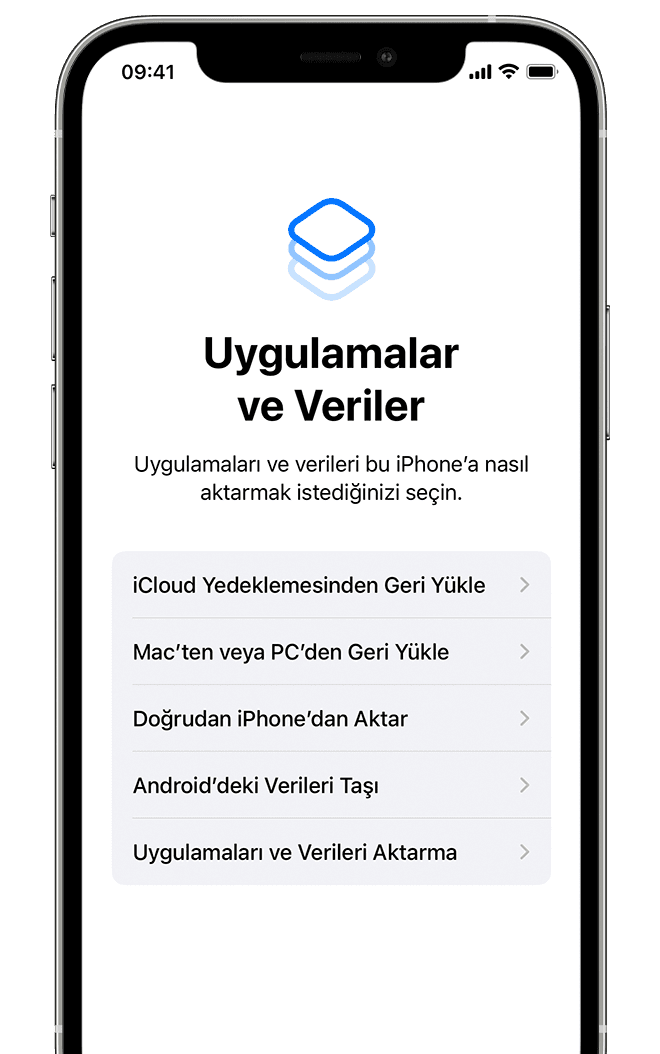 Uygulamaları ve verileri nasıl aktarmak istediğinizi belirlemek için seçenekler gösteren ekran Uygulamaları ve verileri nasıl aktarmak istediğinizi belirlemek için seçenekler gösteren ekran