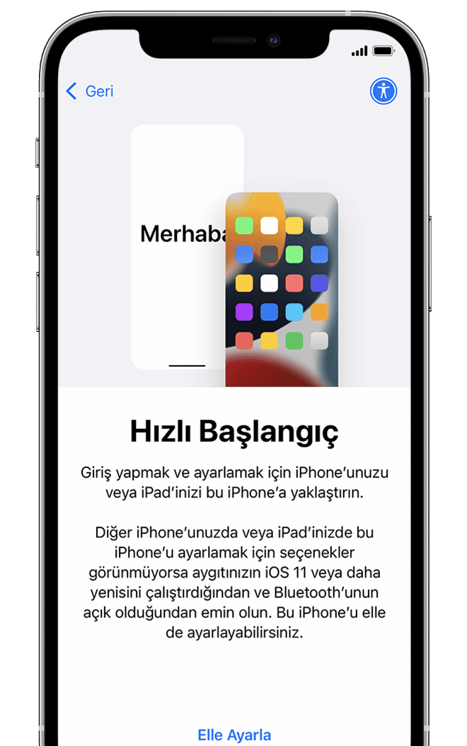 iPhone'u ayarlama seçeneklerini gösteren Hızlı Başlangıç ekranı