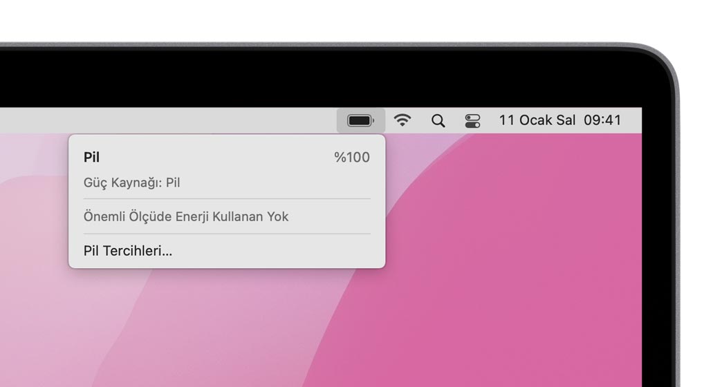 Pil menüsünün açık olduğu macOS menü çubuğu