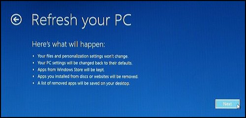 Bilgisayarınızı yenileyin ekranında İleri seçeneğine tıklama